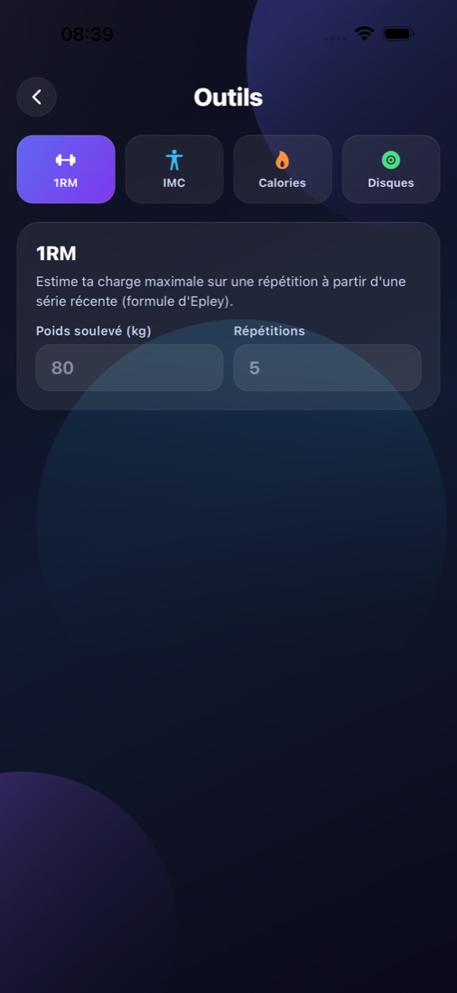 Outils : 1RM, disques, IMC, calories